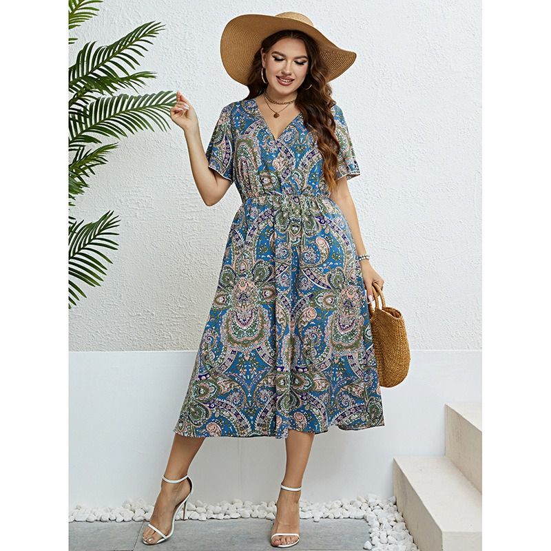 2024 Africa Europe America Women's New Big Size Summer Autumn Dress Print Pattern Literary and Retro Style Fat Women Plus Size Dress V-neck MIDI Dress Literary Artistic Revival Style