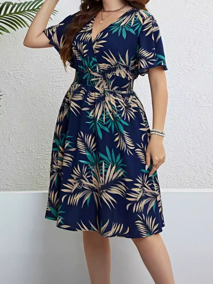 2024 Africa Europe America Women's New Big Size Summer Autumn Dress Print Pattern Literary and Retro Style Fat Women Plus Size Dress V-neck MIDI Dress Literary Artistic Revival Style