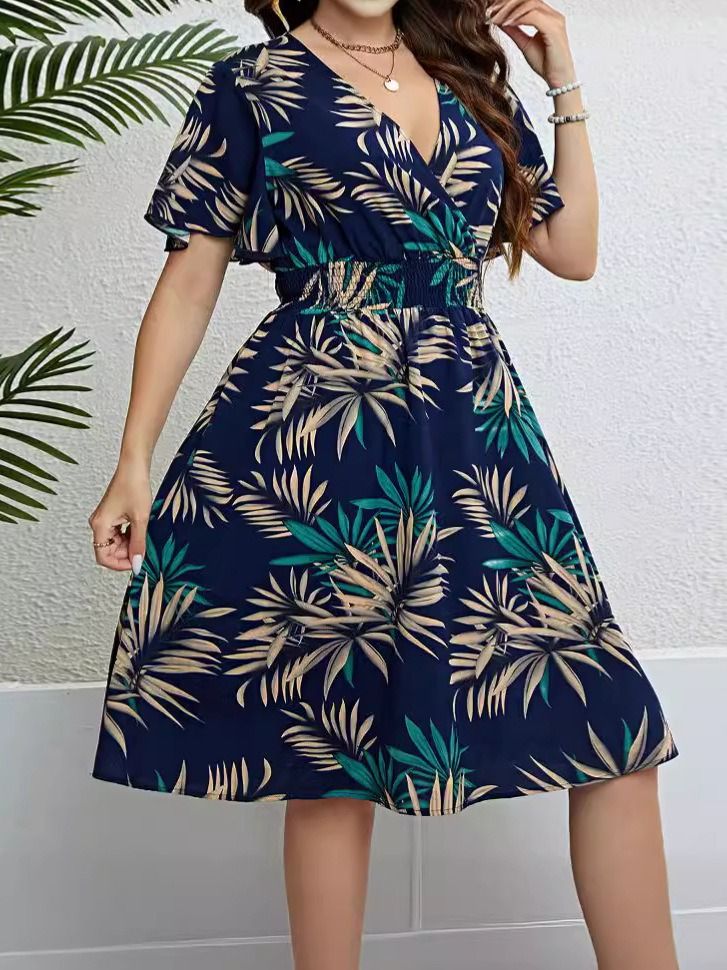 2024 Africa Europe America Women's New Big Size Summer Autumn Dress Print Pattern Literary and Retro Style Fat Women Plus Size Dress V-neck MIDI Dress Literary Artistic Revival Style