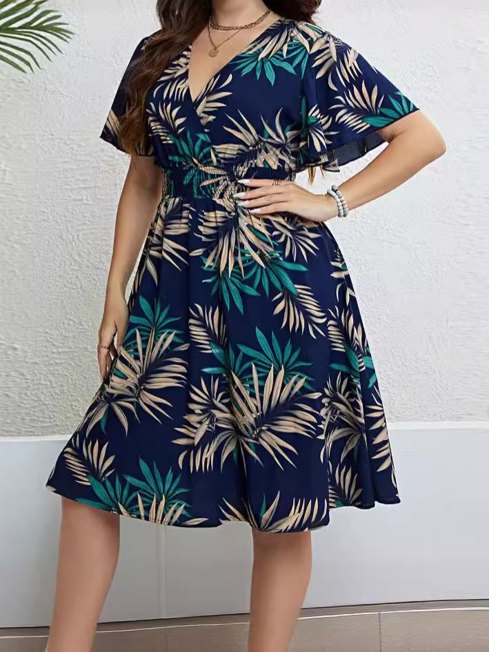 2024 Africa Europe America Women's New Big Size Summer Autumn Dress Print Pattern Literary and Retro Style Fat Women Plus Size Dress V-neck MIDI Dress Literary Artistic Revival Style