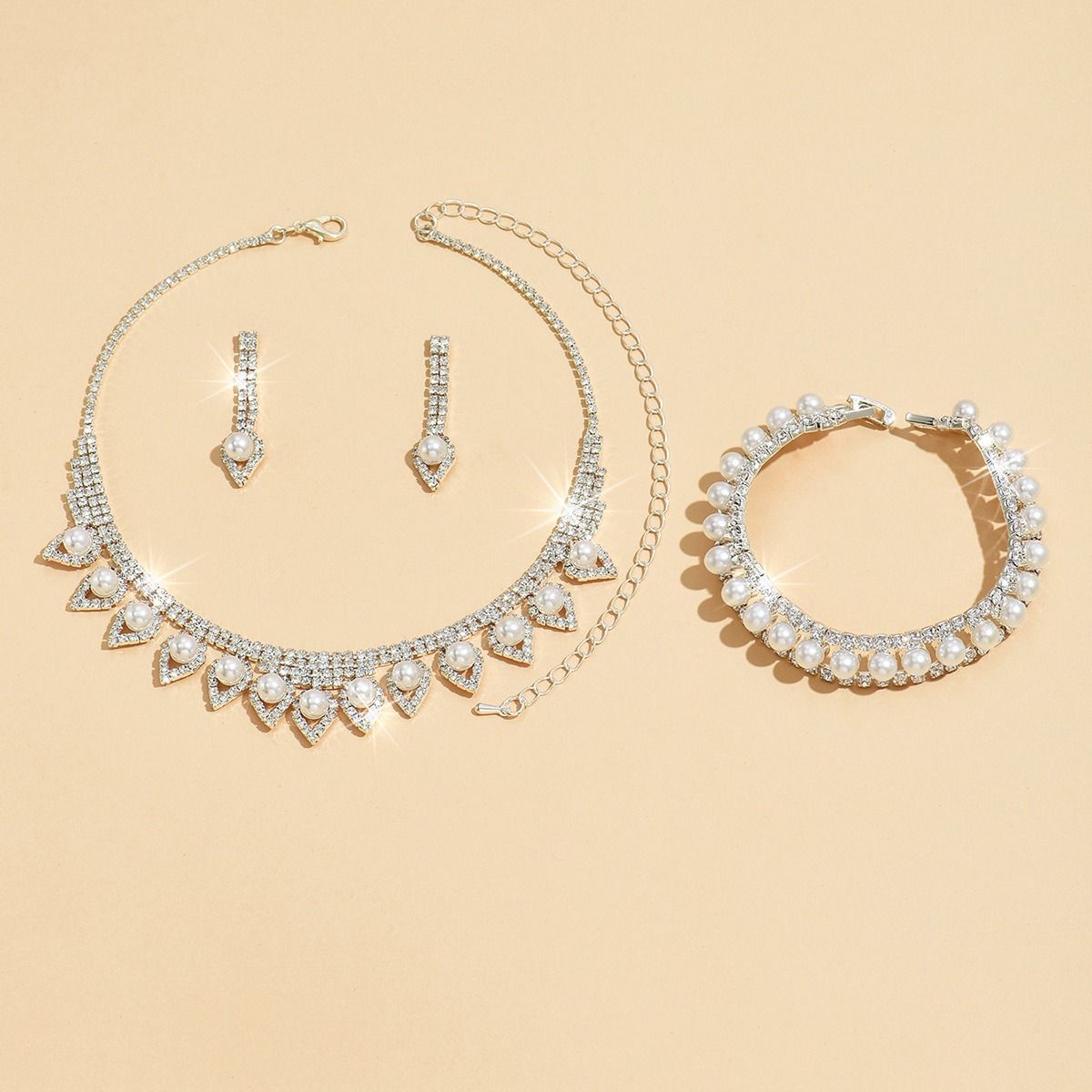 Cross-border Europe and the United States full diamond imitation pearl collarbone necklace earrings set fashion ladies jewelry earrings + collar + hand accessories