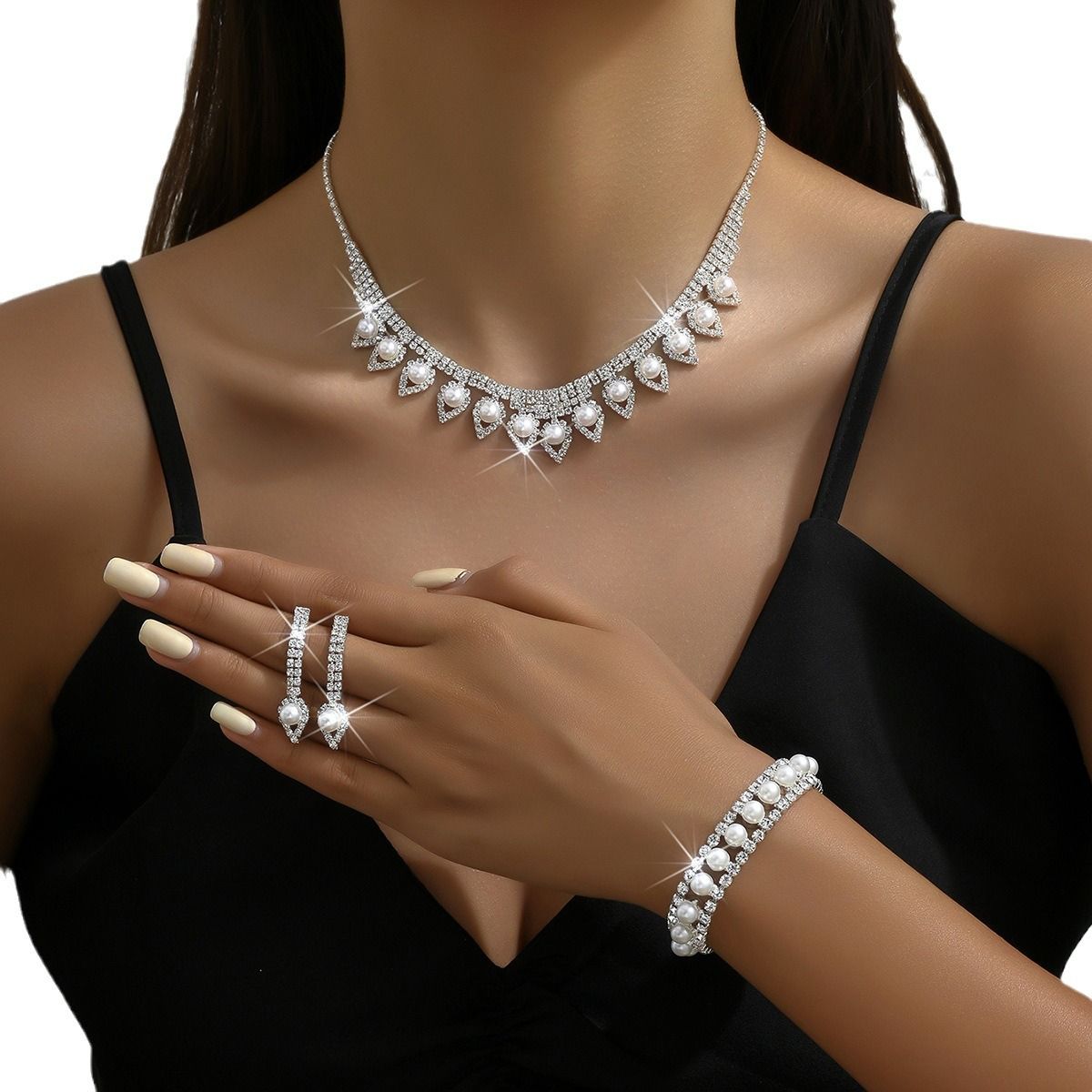 Cross-border Europe and the United States full diamond imitation pearl collarbone necklace earrings set fashion ladies jewelry earrings + collar + hand accessories