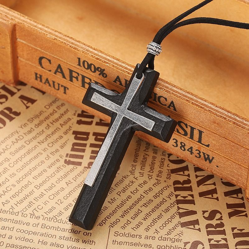 Vintage handmade double alloy wood cross for female male couple long pendant sweater chain Cross car hanging male and female cross necklace