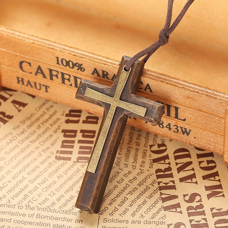 Vintage handmade double alloy wood cross for female male couple long pendant sweater chain Cross car hanging male and female cross necklace