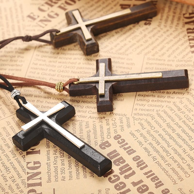 Vintage handmade double alloy wood cross for female male couple long pendant sweater chain Cross car hanging male and female cross necklace