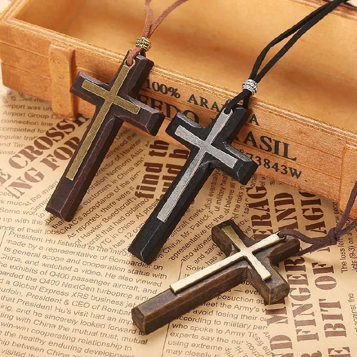 Vintage handmade double alloy wood cross for female male couple long pendant sweater chain Cross car hanging male and female cross necklace