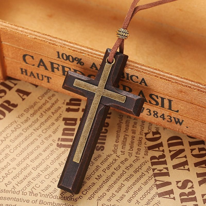 Vintage handmade double alloy wood cross for female male couple long pendant sweater chain Cross car hanging male and female cross necklace