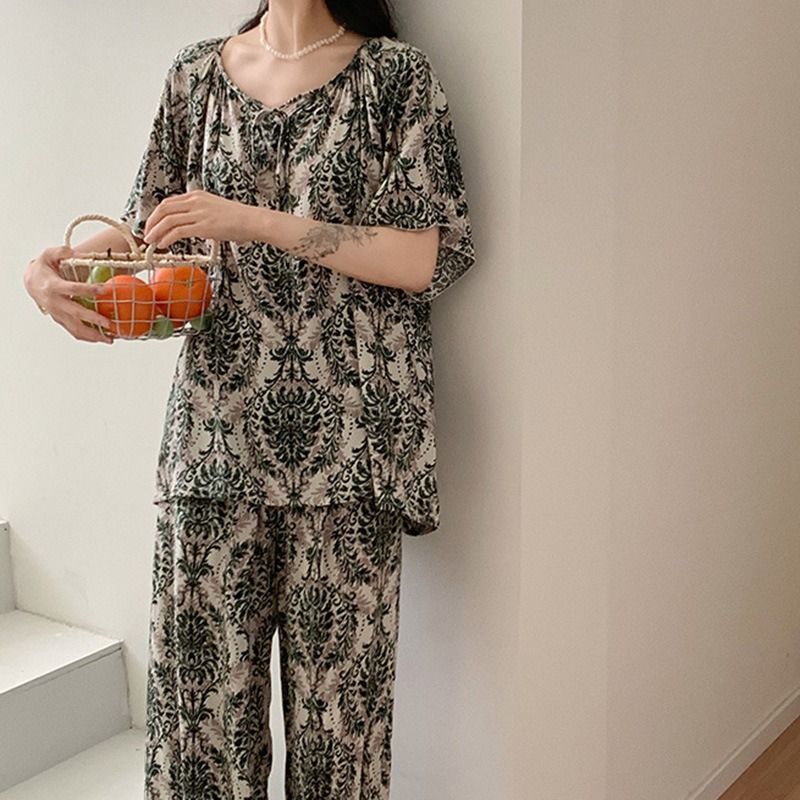 2024 Africa's new cotton silk pajamas women's summer stripes large size loose smock fat mm national style sweet lovely wind silk suit home wear young women's pajamas