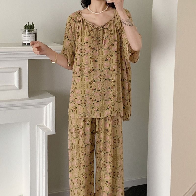 2024 Africa's new cotton silk pajamas women's summer stripes large size loose smock fat mm national style sweet lovely wind silk suit home wear young women's pajamas