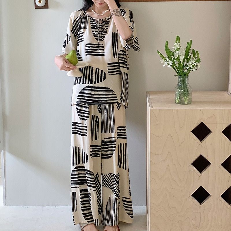 2024 Africa's new cotton silk pajamas women's summer stripes large size loose smock fat mm national style sweet lovely wind silk suit home wear young women's pajamas