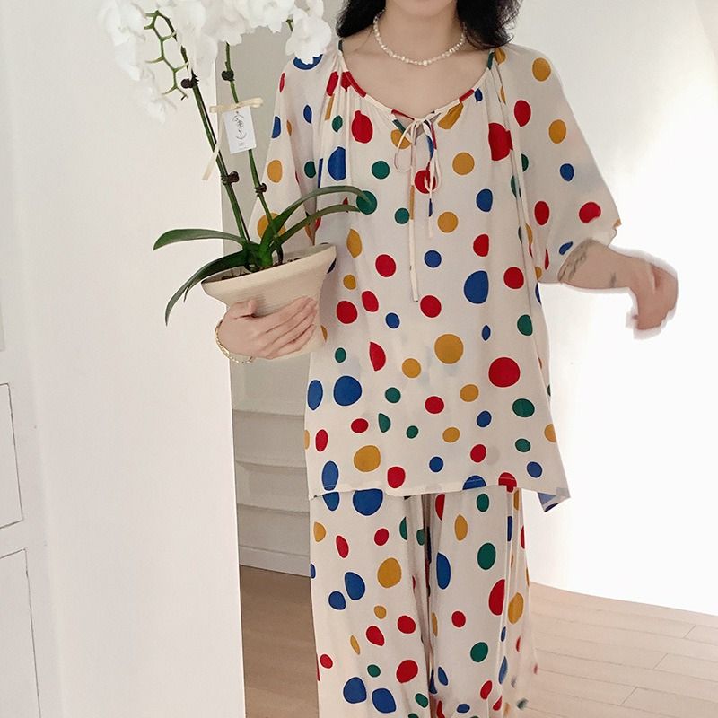 2024 Africa's new cotton silk pajamas women's summer stripes large size loose smock fat mm national style sweet lovely wind silk suit home wear young women's pajamas