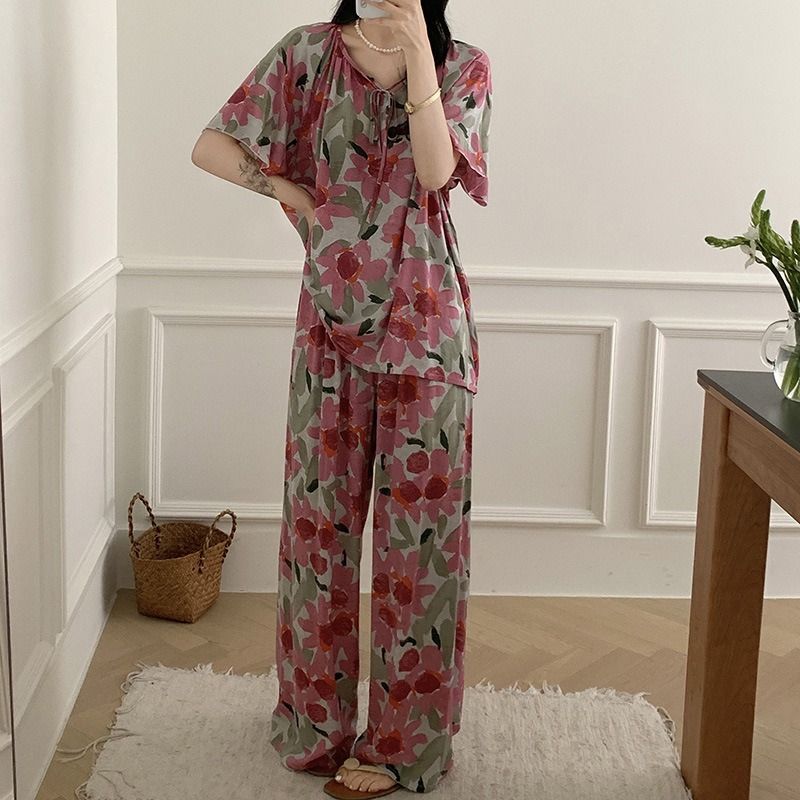2024 Africa's new cotton silk pajamas women's summer stripes large size loose smock fat mm national style sweet lovely wind silk suit home wear young women's pajamas