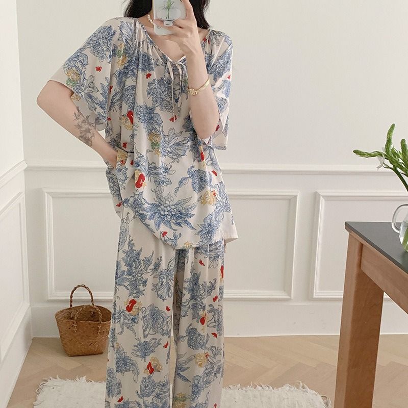 2024 Africa's new cotton silk pajamas women's summer stripes large size loose smock fat mm national style sweet lovely wind silk suit home wear young women's pajamas