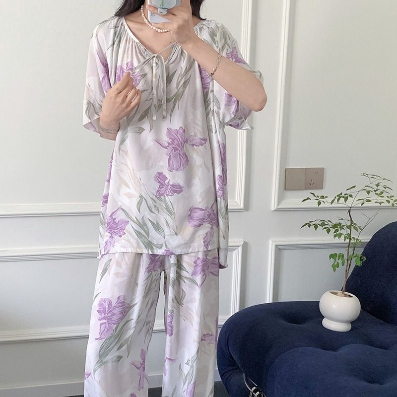 2024 Africa's new cotton silk pajamas women's summer stripes large size loose smock fat mm national style sweet lovely wind silk suit home wear young women's pajamas