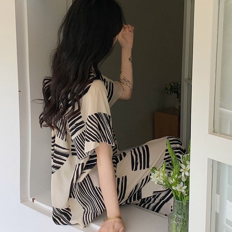 2024 Africa's new cotton silk pajamas women's summer stripes large size loose smock fat mm national style sweet lovely wind silk suit home wear young women's pajamas