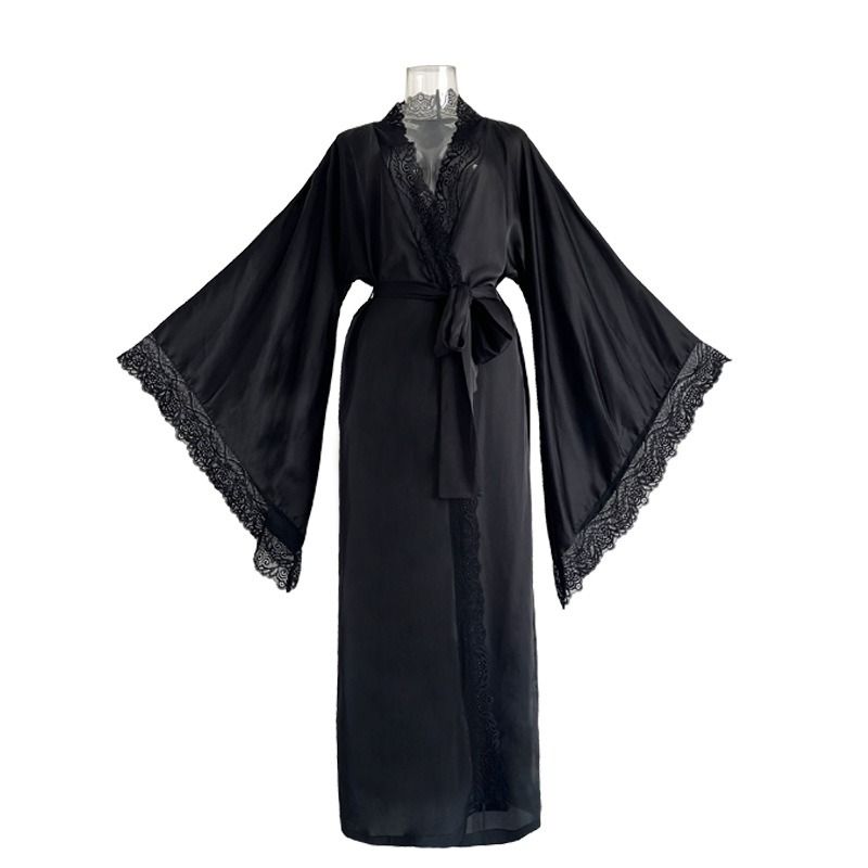 African Feiyun cross-border new satin pajamas female lace light luxury long sleeve cool bathrobe Bathrobe home wear female pajamas