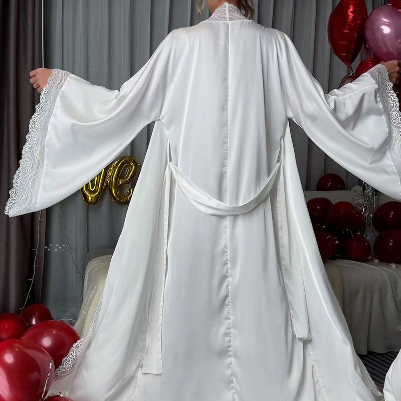 African Feiyun cross-border new satin pajamas female lace light luxury long sleeve cool bathrobe Bathrobe home wear female pajamas