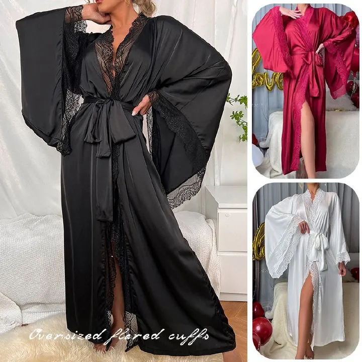 African Feiyun cross-border new satin pajamas female lace light luxury long sleeve cool bathrobe Bathrobe home wear female pajamas