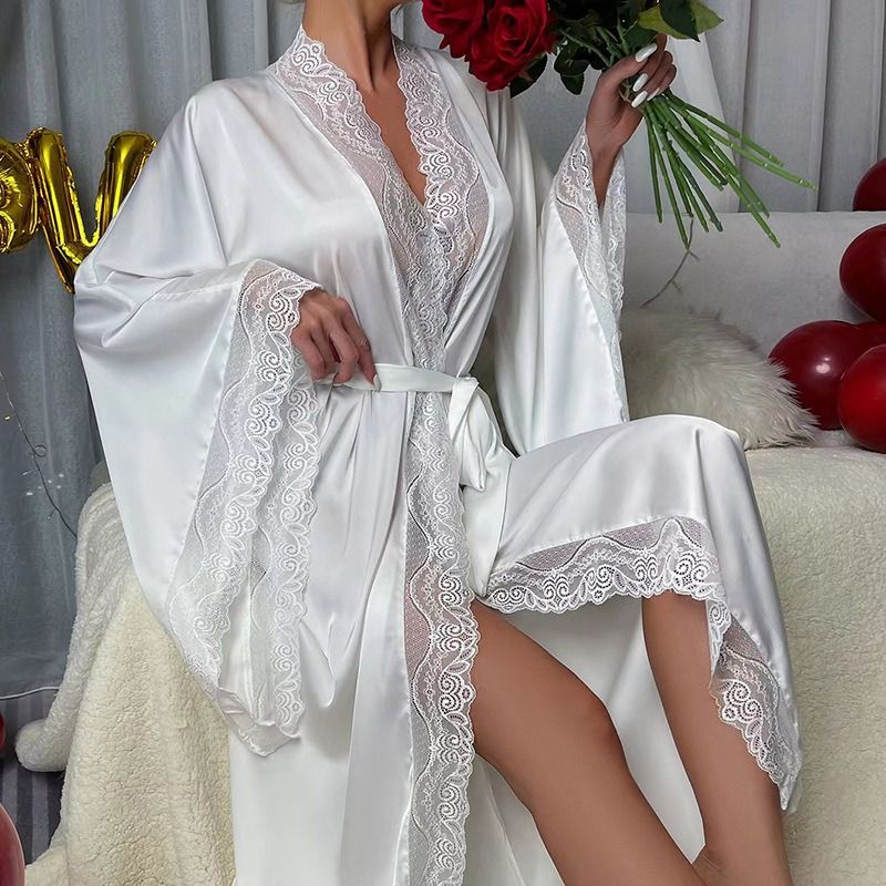 African Feiyun cross-border new satin pajamas female lace light luxury long sleeve cool bathrobe Bathrobe home wear female pajamas