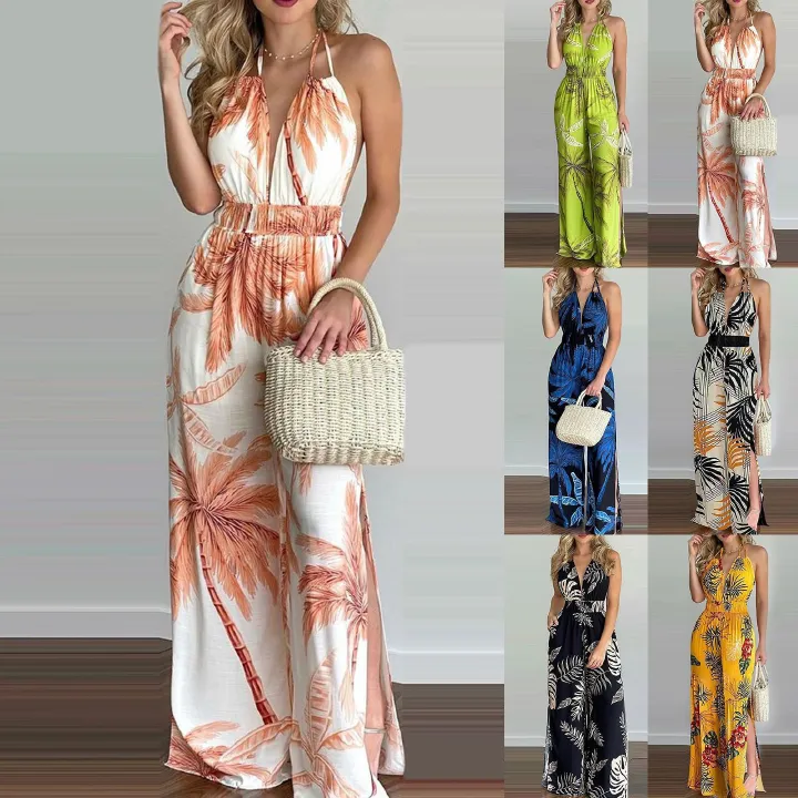 2024 Amazon's new European and American women's dress wish independent station digital printed colorful jumpsuit women's dress sexy fashion