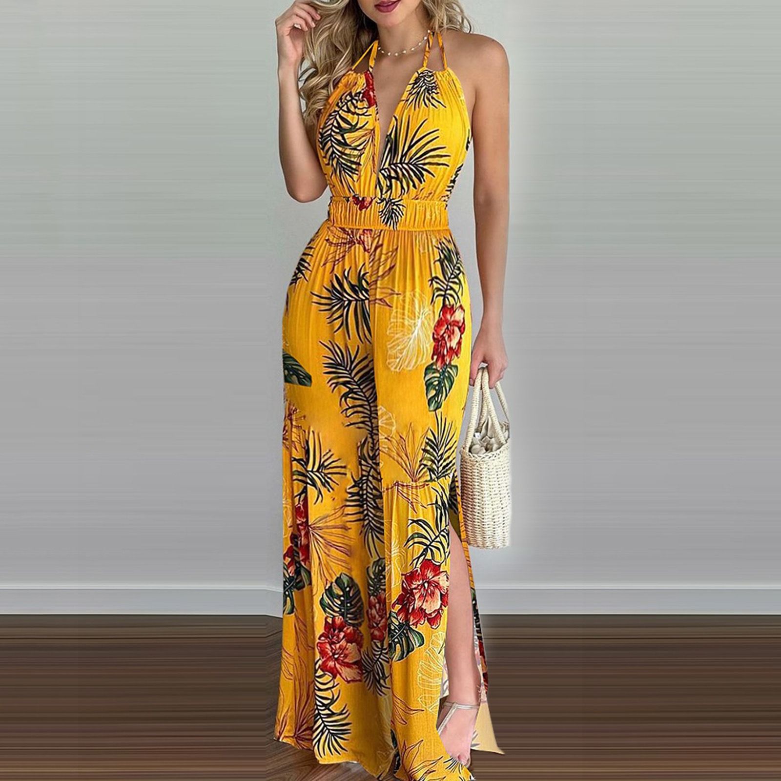 2024 Amazon's new European and American women's dress wish independent station digital printed colorful jumpsuit women's dress sexy fashion