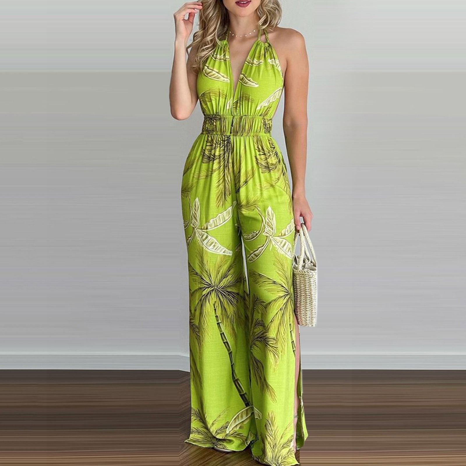 2024 Amazon's new European and American women's dress wish independent station digital printed colorful jumpsuit women's dress sexy fashion