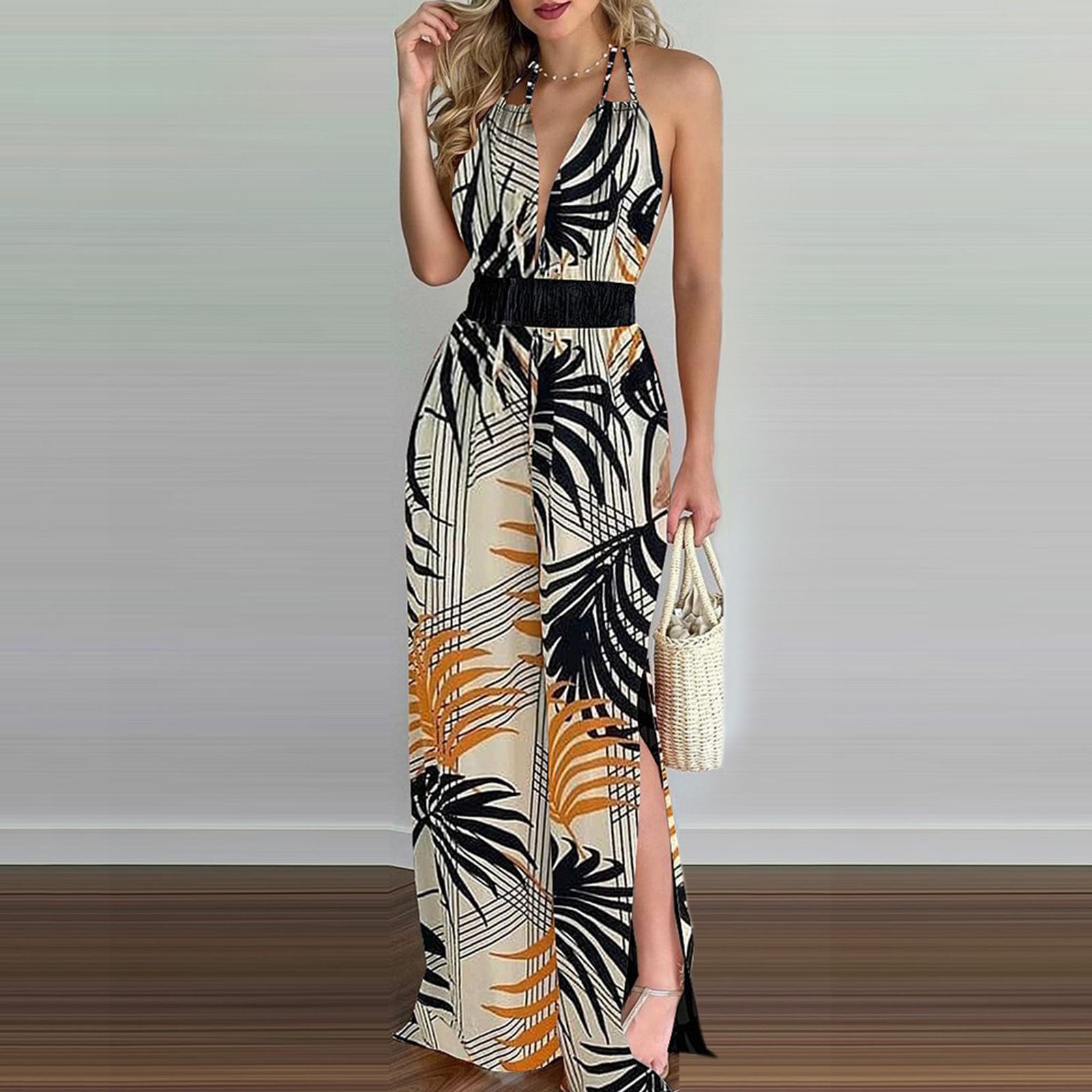 2024 Amazon's new European and American women's dress wish independent station digital printed colorful jumpsuit women's dress sexy fashion