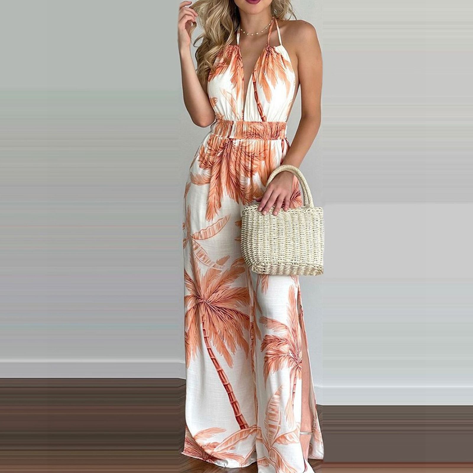 2024 Amazon's new European and American women's dress wish independent station digital printed colorful jumpsuit women's dress sexy fashion