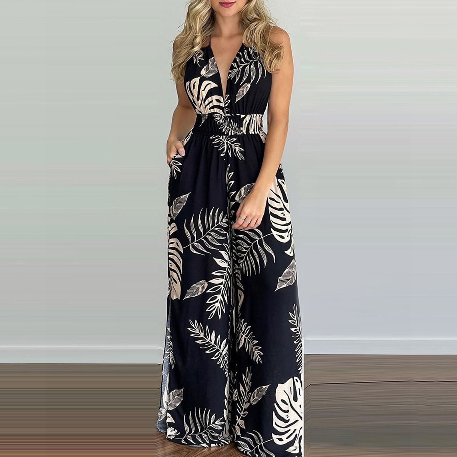 2024 Amazon's new European and American women's dress wish independent station digital printed colorful jumpsuit women's dress sexy fashion