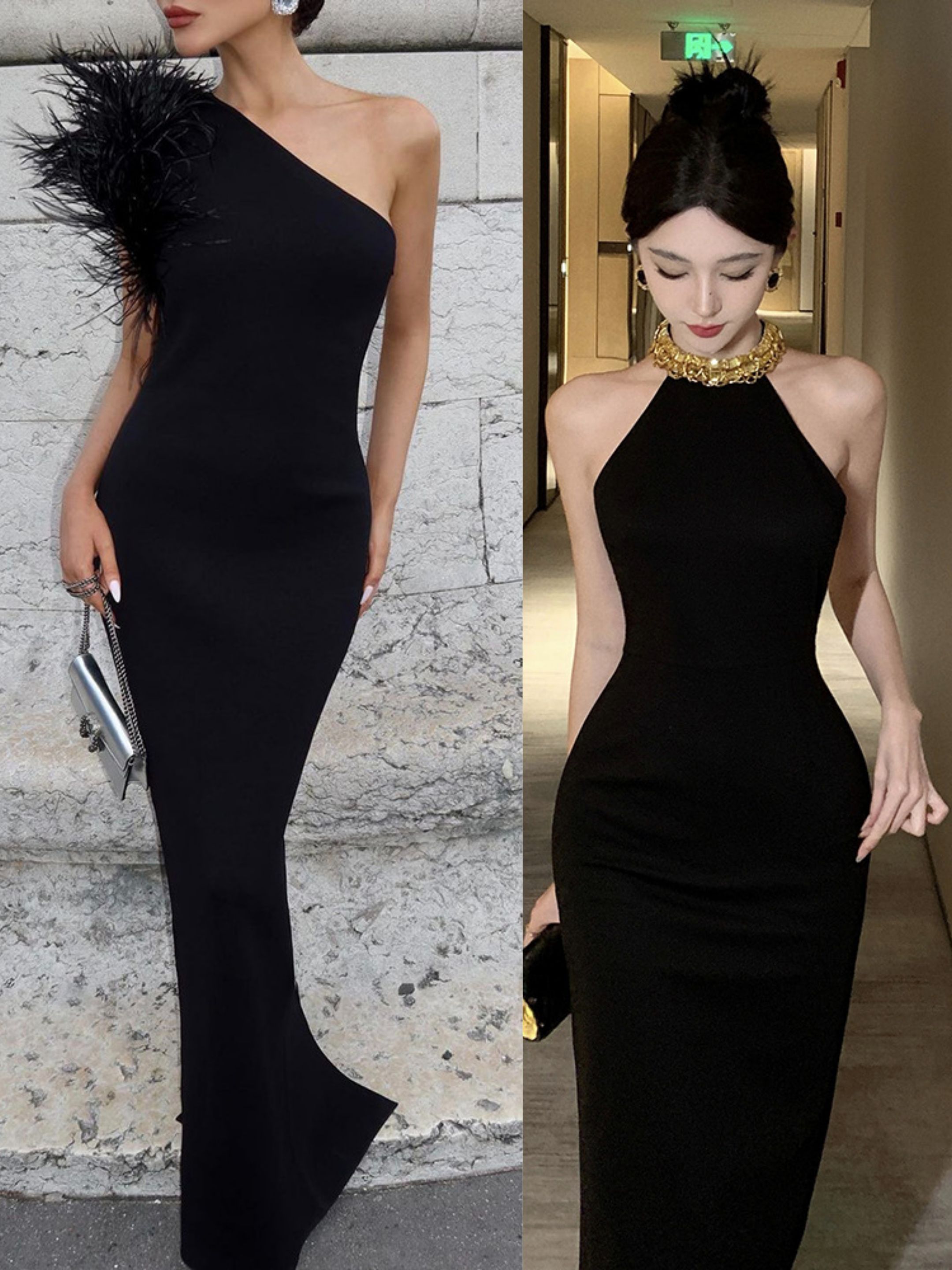 The new African dress temperament high noble solid color oblique shoulder splicing feathers slim temperament beauty style metal chain hanging neck slim bag buttock long evening dress woman