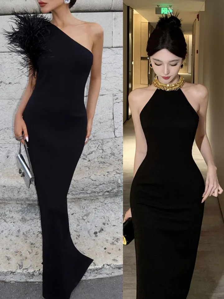 The new African dress temperament high noble solid color oblique shoulder splicing feathers slim temperament beauty style metal chain hanging neck slim bag buttock long evening dress woman