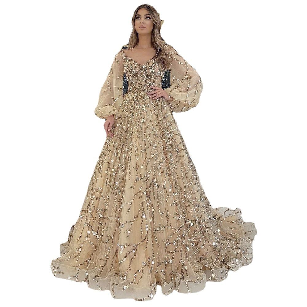2024 Cross-border new gold heavy nail beads luxury evening dress temperament elegant line shoulder sexy girl vibe queen dress