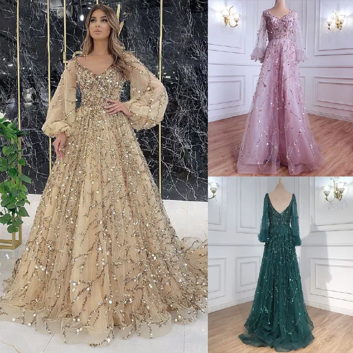 2024 Cross-border new gold heavy nail beads luxury evening dress temperament elegant line shoulder sexy girl vibe queen dress
