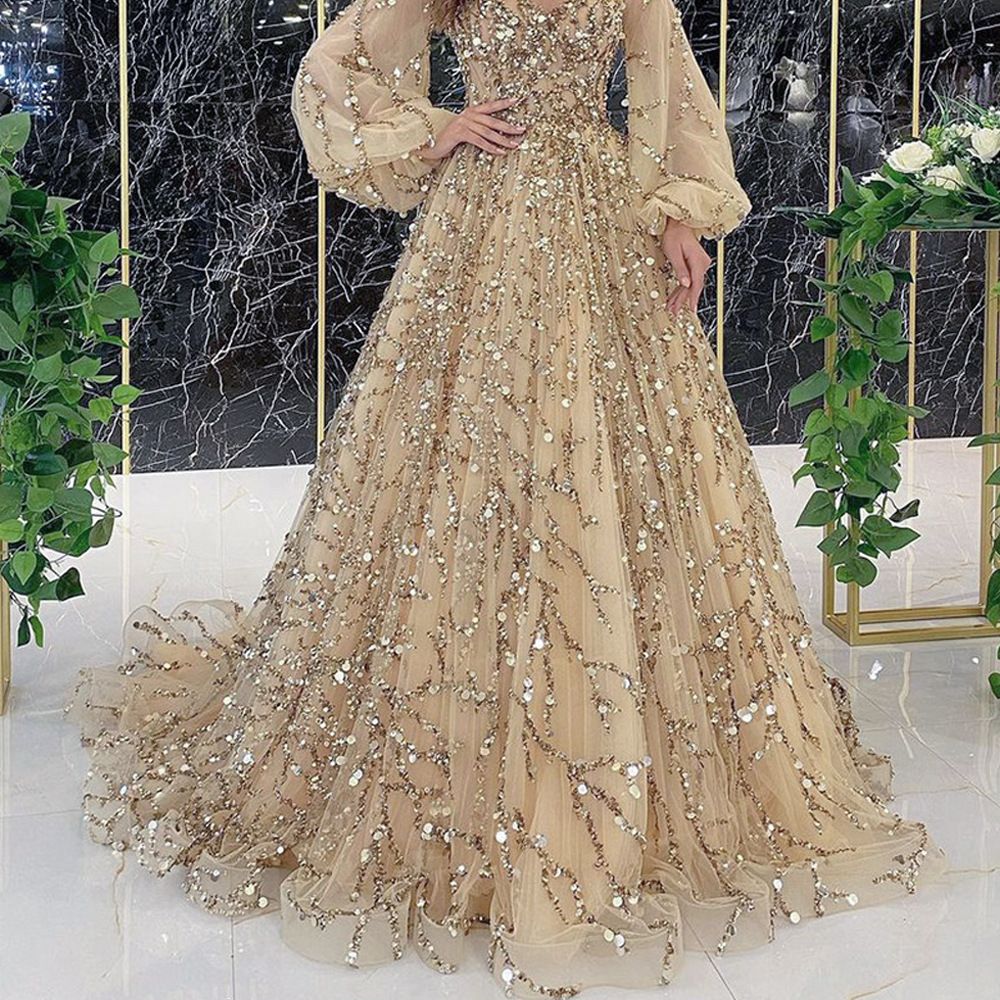 2024 Cross-border new gold heavy nail beads luxury evening dress temperament elegant line shoulder sexy girl vibe queen dress