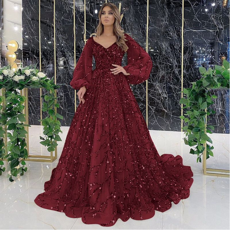 2024 Cross-border new gold heavy nail beads luxury evening dress temperament elegant line shoulder sexy girl vibe queen dress