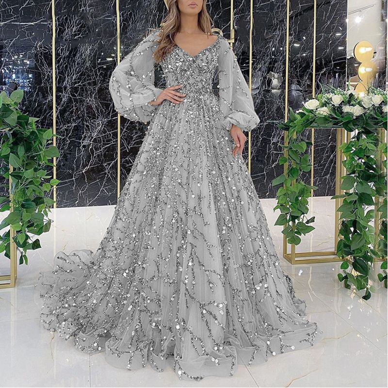 2024 Cross-border new gold heavy nail beads luxury evening dress temperament elegant line shoulder sexy girl vibe queen dress