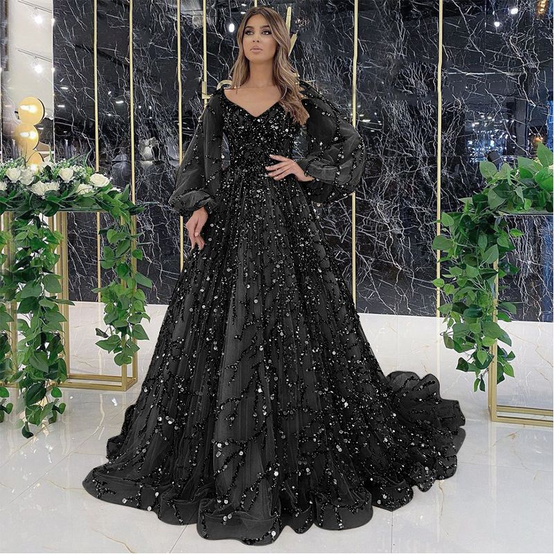 2024 Cross-border new gold heavy nail beads luxury evening dress temperament elegant line shoulder sexy girl vibe queen dress