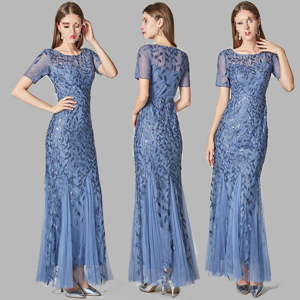 Africa's new spring summer cross-border 2024 banquet host Europe and the United States slim-fit temperament commuter mesh gauze sequin evening dress fishtail dress woman