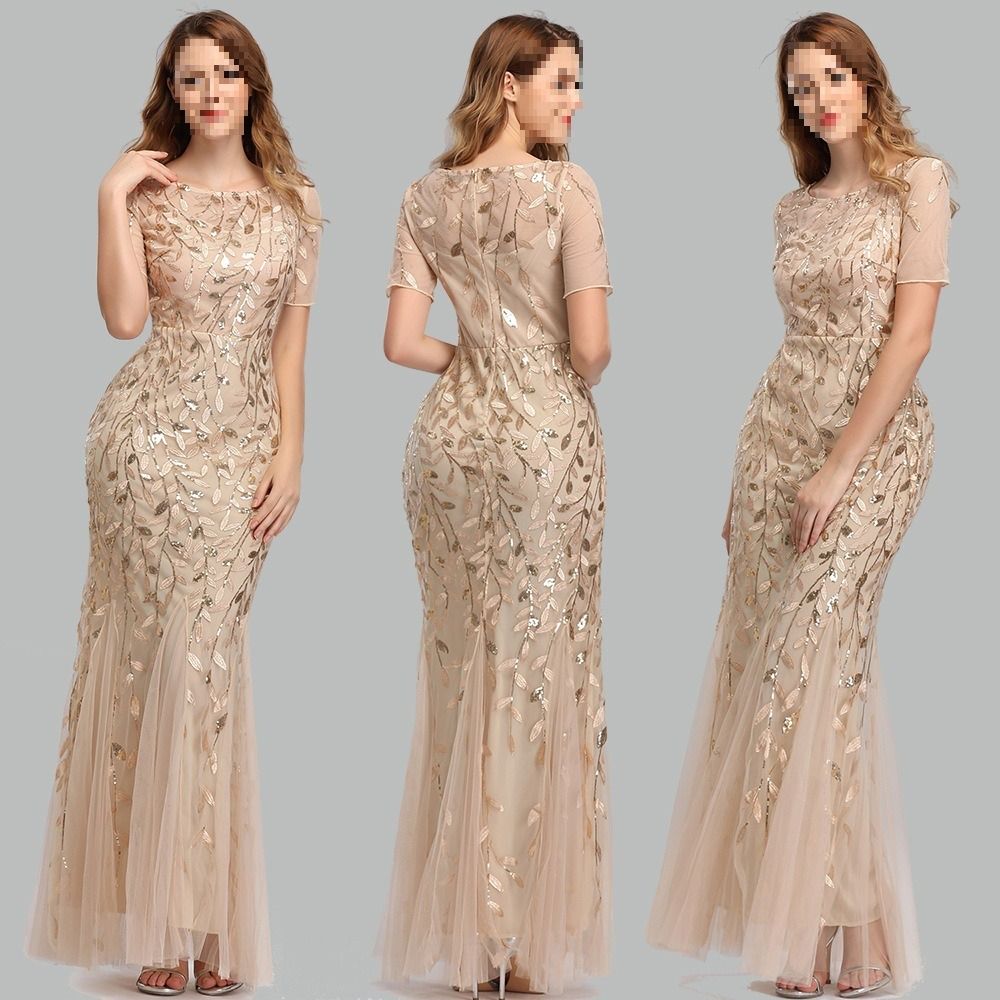 Africa's new spring summer cross-border 2024 banquet host Europe and the United States slim-fit temperament commuter mesh gauze sequin evening dress fishtail dress woman