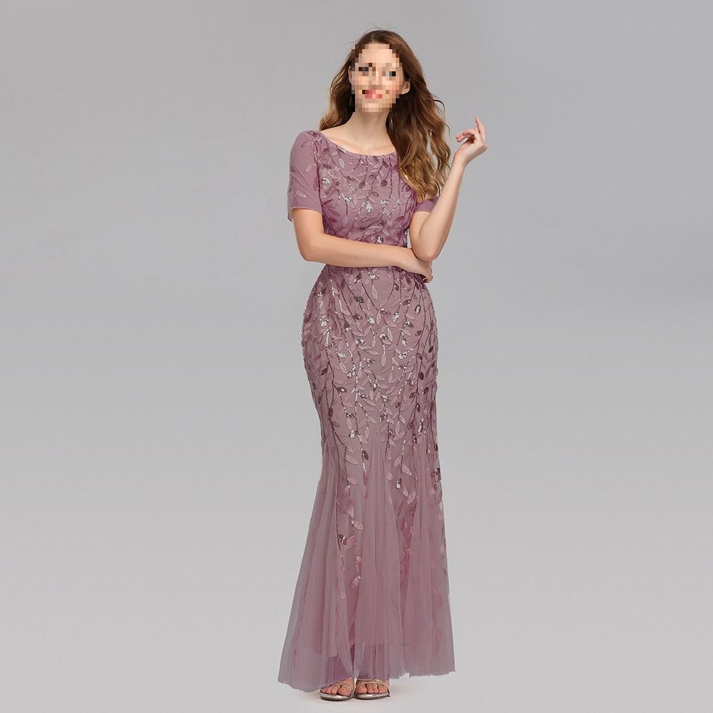 Africa's new spring summer cross-border 2024 banquet host Europe and the United States slim-fit temperament commuter mesh gauze sequin evening dress fishtail dress woman