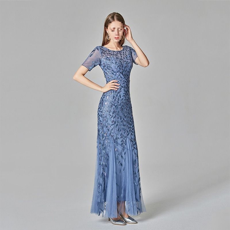 Africa's new spring summer cross-border 2024 banquet host Europe and the United States slim-fit temperament commuter mesh gauze sequin evening dress fishtail dress woman