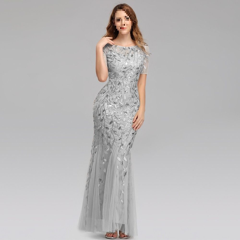Africa's new spring summer cross-border 2024 banquet host Europe and the United States slim-fit temperament commuter mesh gauze sequin evening dress fishtail dress woman