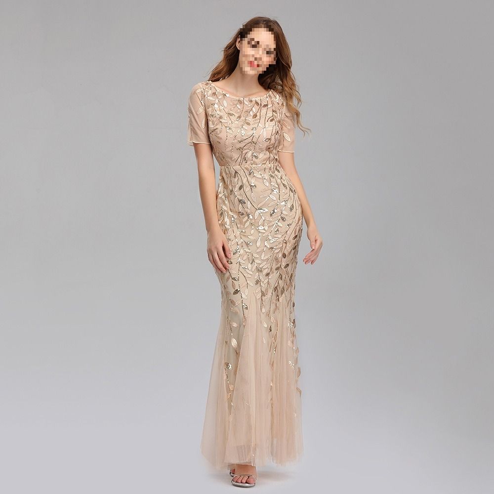 Africa's new spring summer cross-border 2024 banquet host Europe and the United States slim-fit temperament commuter mesh gauze sequin evening dress fishtail dress woman