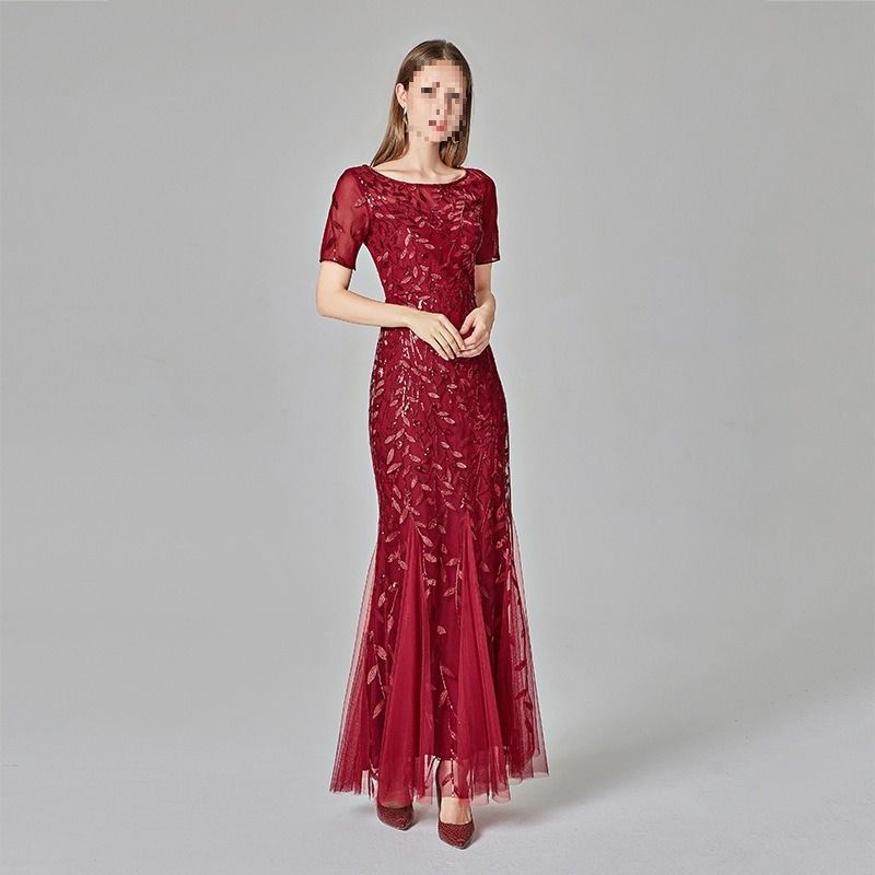Africa's new spring summer cross-border 2024 banquet host Europe and the United States slim-fit temperament commuter mesh gauze sequin evening dress fishtail dress woman