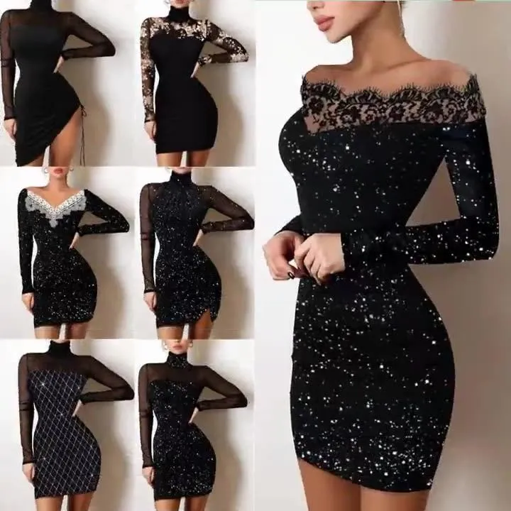 Africa's new cross-border women's slim-fit hot silver shoulder bag hip black dress evening dress sexy spice girls female dress