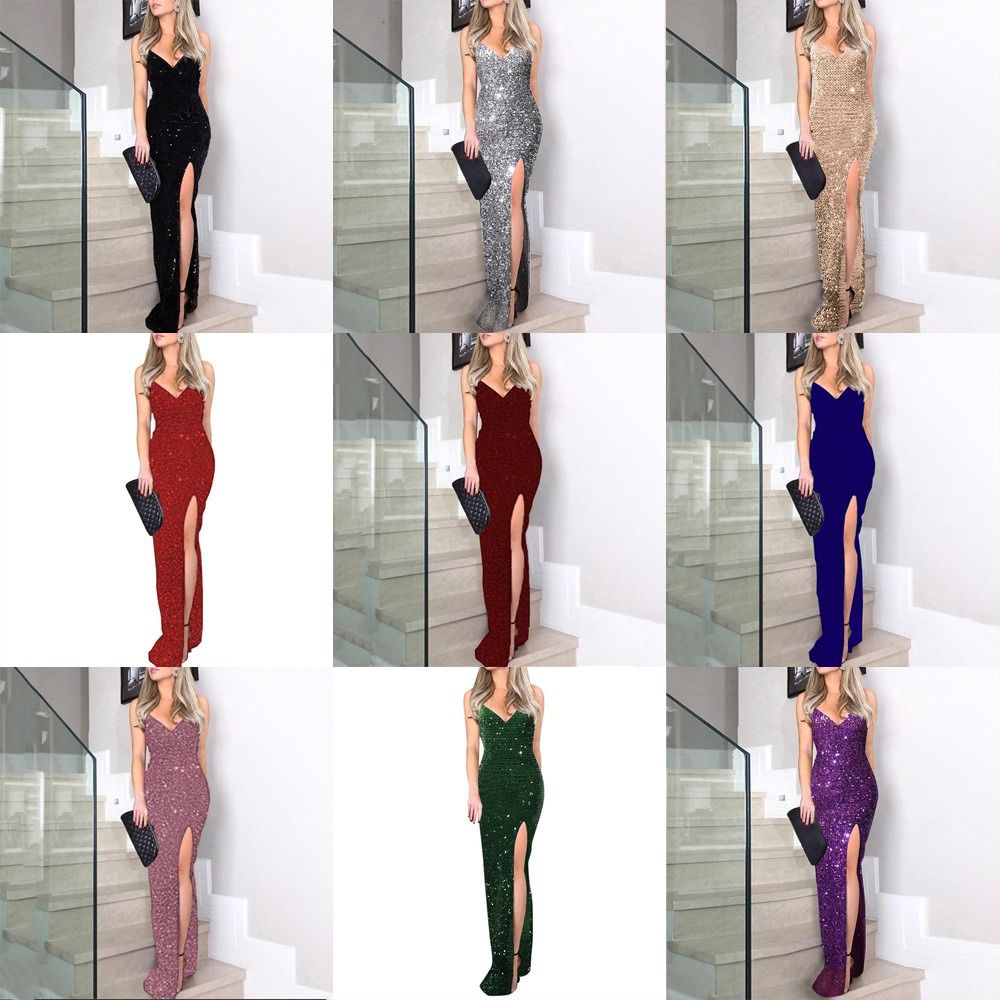 2024 cross-border summer new European and American women's high-waisted sexy fashion dress halter sequin slit dress sexy fashion female evening dress