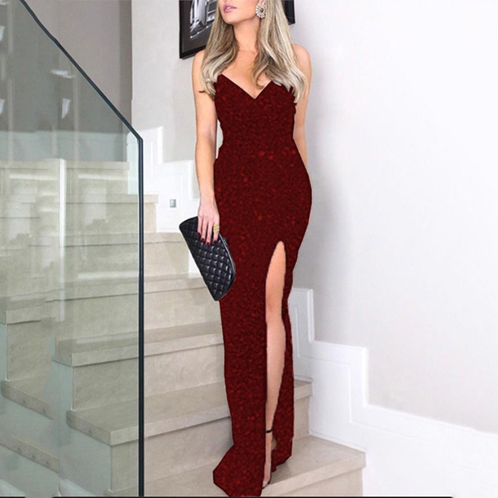 2024 cross-border summer new European and American women's high-waisted sexy fashion dress halter sequin slit dress sexy fashion female evening dress