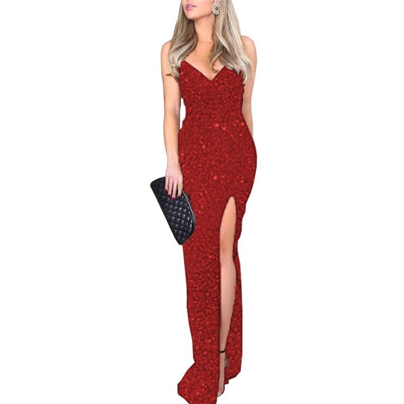 2024 cross-border summer new European and American women's high-waisted sexy fashion dress halter sequin slit dress sexy fashion female evening dress