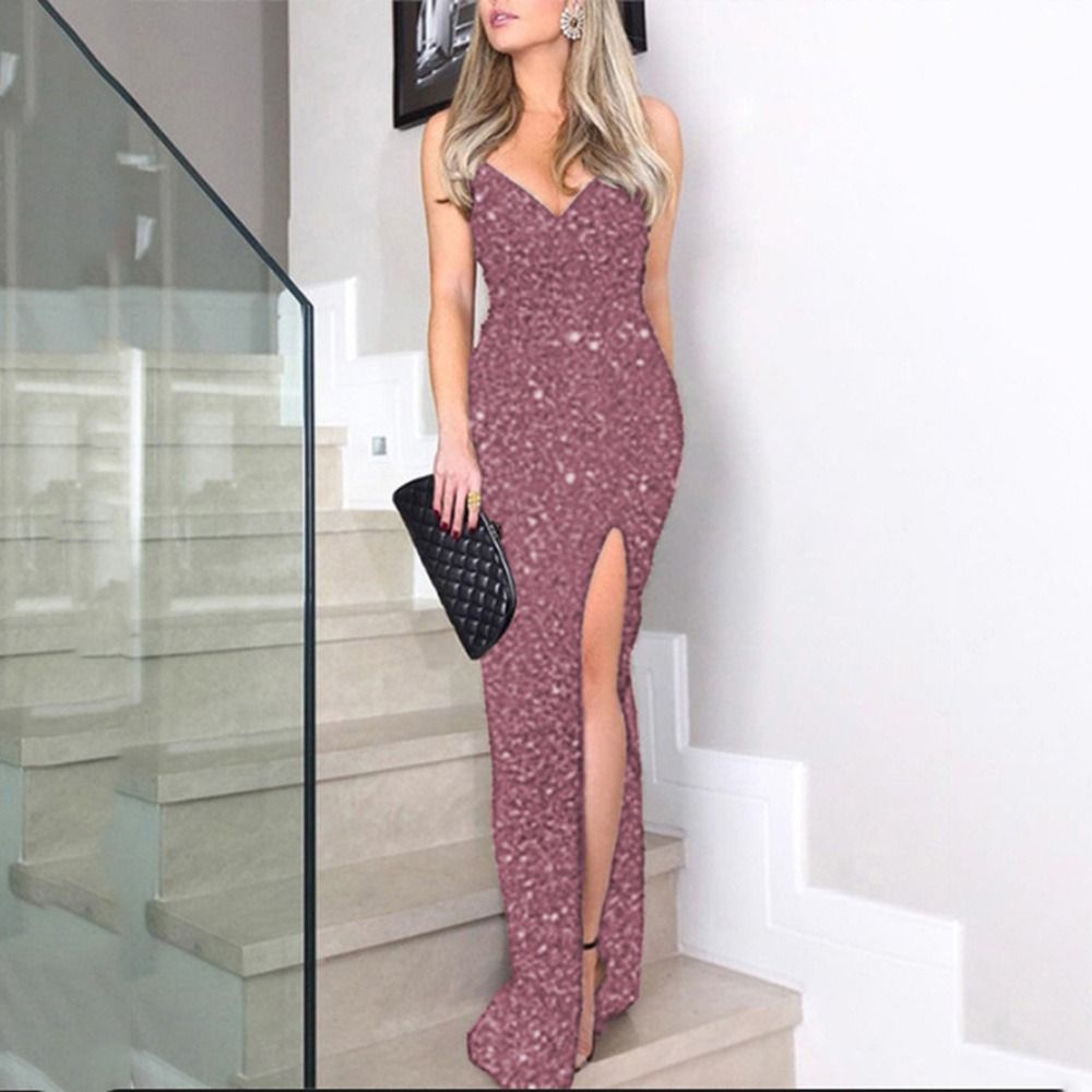 2024 cross-border summer new European and American women's high-waisted sexy fashion dress halter sequin slit dress sexy fashion female evening dress