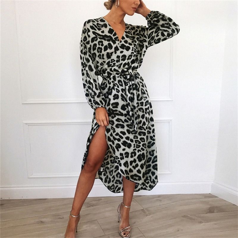 Africa new women's dress 2024 autumn new skirt leopard print V-neck long sleeve lace-up dress leopard print irregular ladies MIDI skirt
